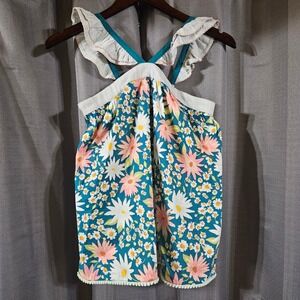 Matilda Jane Girls Teal Pink Daisy Floral Ruffle Pom Pom Sundress Size 12 NWT